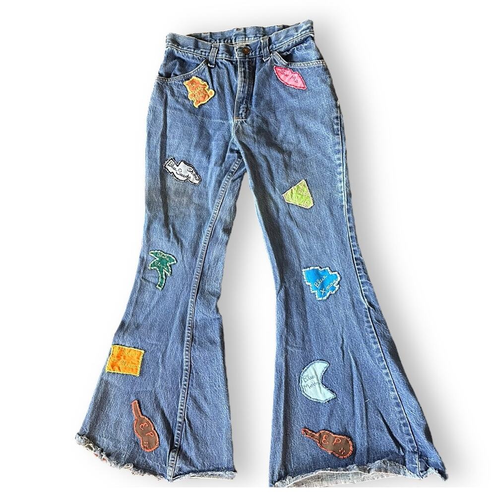 RARE Vintage Handmade Elvis Patchwork Bell Bottom Flared Jeans Fanmade - Picture 2 of 10